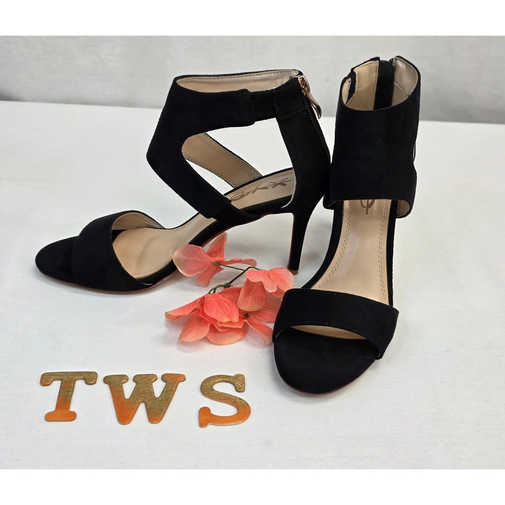 XYD Womens Black Faux‎ Suede Cutout Stiletto Sandals Back Zip Dress Heels Size 7